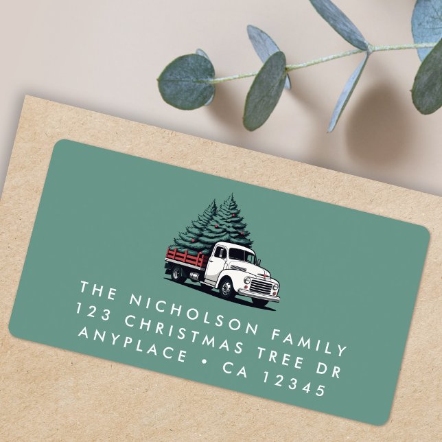 Return Address Label | Christmas Tree Truck Green (Retro vintage Christmas tree delivery truck address labels for Holiday card mail & festive parcels)