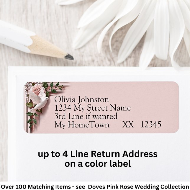 Return Address Labels, Pink Roses & Doves Wedding Label (Creator Uploaded)