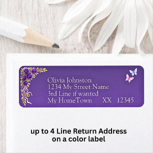 Return Address Labels, Purple Mauve Flowers White Return Address Label