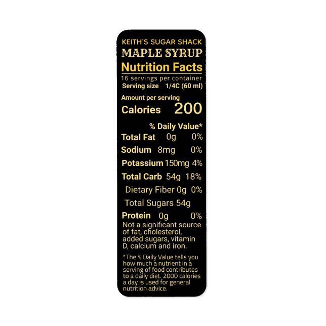 Return Address Maple Syrup Nutrition Black Yellow  Label (Front)