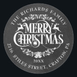 Return Address Merry Christmas Boho Chalkboard Classic Round Sticker<br><div class="desc">Festive boho Merry Christmas return address labels for you to personalise with your own message,  year,  family name and address details on a chalkboard background. Designed by Thisisnotme©</div>
