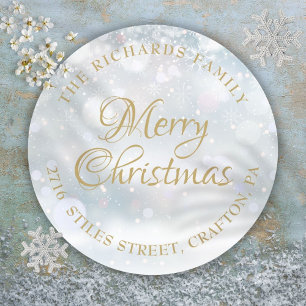 Return Address Merry Christmas Winter Frost Classic Round Sticker