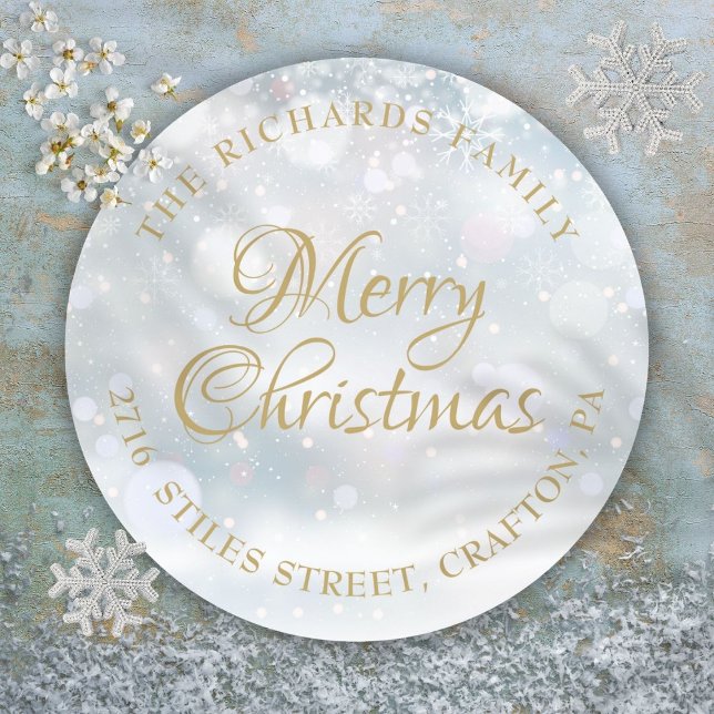 Return Address Merry Christmas Winter Frost Classic Round Sticker (Return Address Merry Christmas Winter Frost Classic Round Sticker)