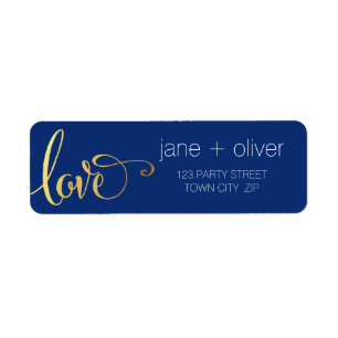 RETURN ADDRESS modern love script type gold blue Label
