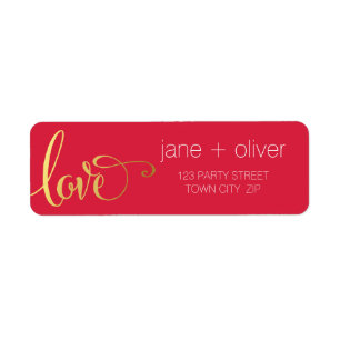 RETURN ADDRESS modern love script type gold red Label