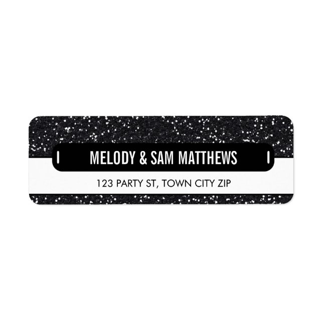 RETURN ADDRESS modern panel sparkly glitter black Label (Front)