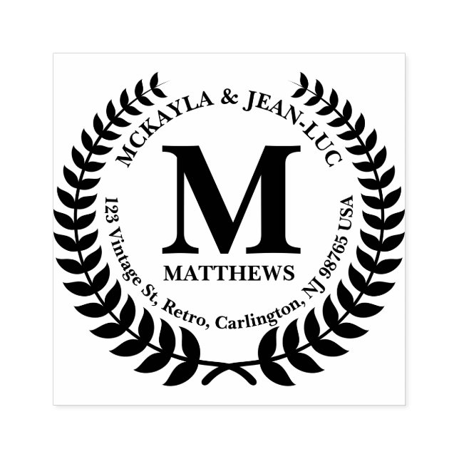 Return Address Monogram Classic Laurel Wreath Rubber Stamp (Imprint)