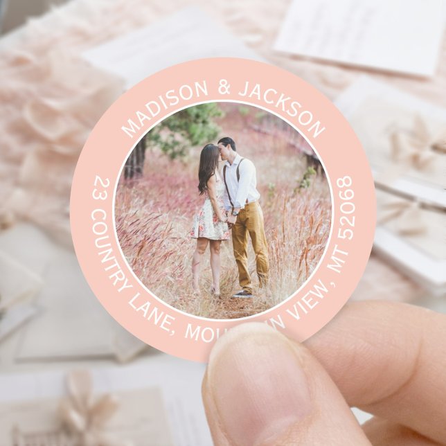Return Address & Photo Elegant Blush Pink & White Classic Round Sticker (Creator Uploaded)
