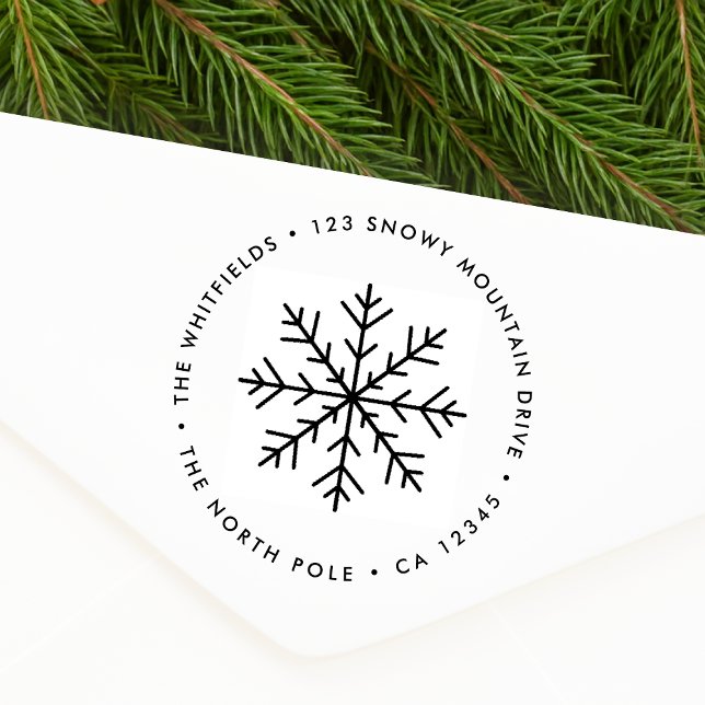 Return Address Rubber Stamp | Christmas Snowflake (Simple Christmas snowflake round return address stamp for holiday cards & seasonal parcel mailing)
