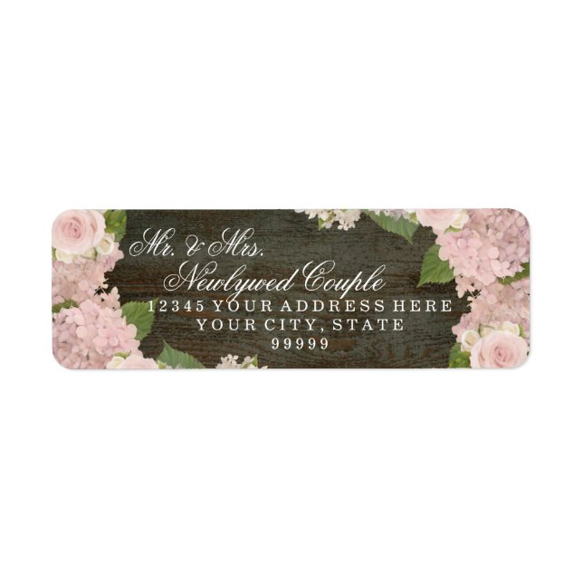 Return Address Small Dark Wooden Pink Hydrangeas Label (Front)