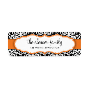 RETURN ADDRESS stylish damask black bright orange Label