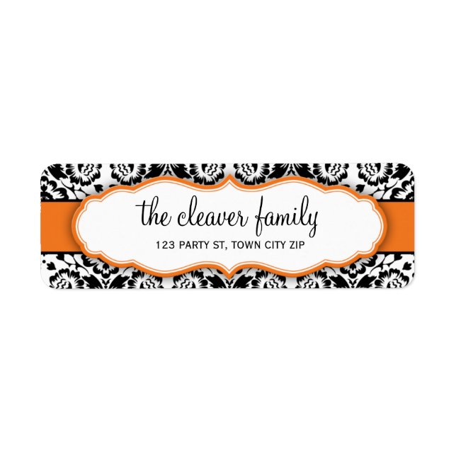RETURN ADDRESS stylish damask black bright orange Label (Front)