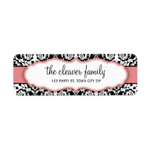 RETURN ADDRESS stylish damask black coral pink Label