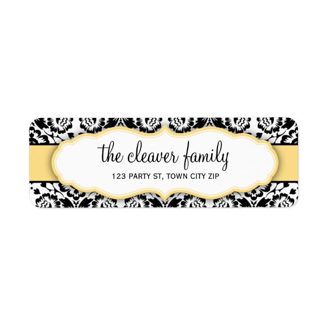 RETURN ADDRESS stylish damask black lemon yellow Label (Front)