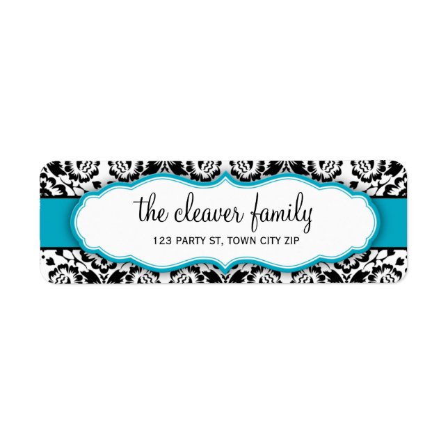 RETURN ADDRESS stylish damask black turquoise blue Label (Front)