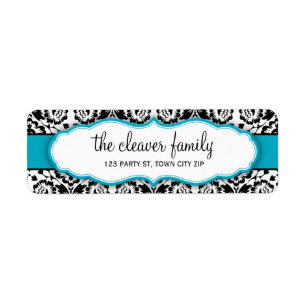 RETURN ADDRESS stylish damask black turquoise blue Return Address Label