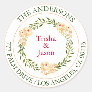 Return Address, W/C Peach Flowers, Green/Red Text Classic Round Sticker