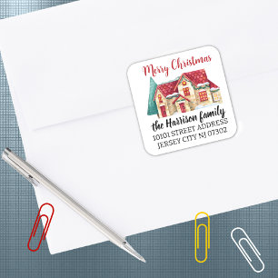 Return Address Watercolor Christmas Holiday House  Square Sticker
