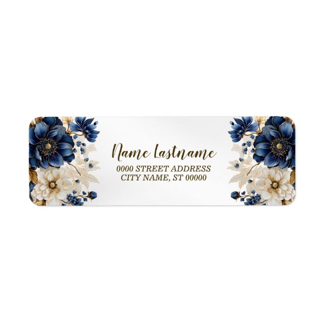 Return Address Wedding Navy Blue White Flowers Label (Front)