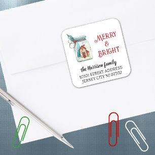 Return Address Winter Holiday House in Mason Jar Square Sticker
