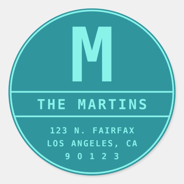 Return Address with Monogram | Teal & Turquoise Classic Round Sticker (Front)