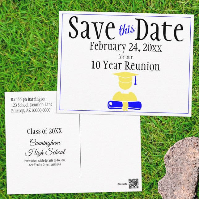 Reunion Class Save The Date Minimalist Blue Yellow Postcard (Creator Uploaded)