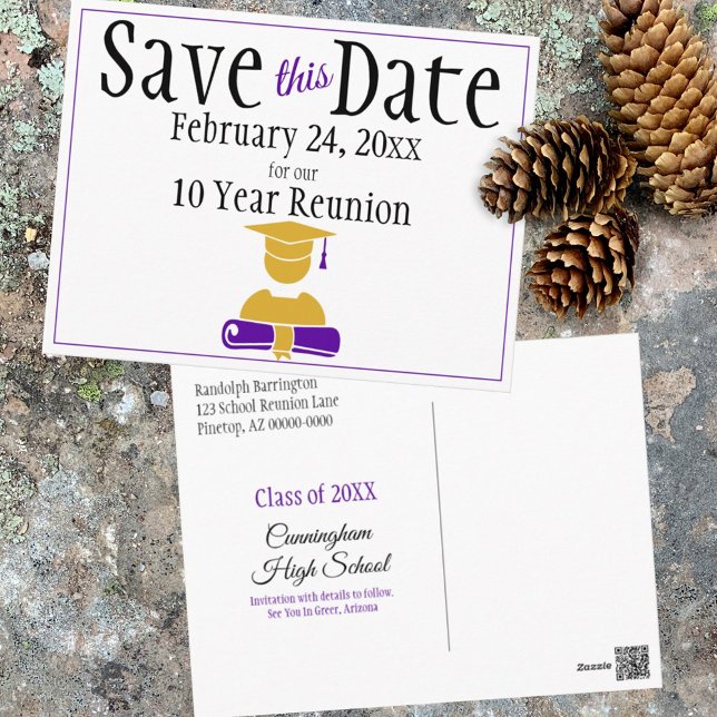 Reunion Class Save The Date Minimalist Purple Gold Postcard (Creator Uploaded)