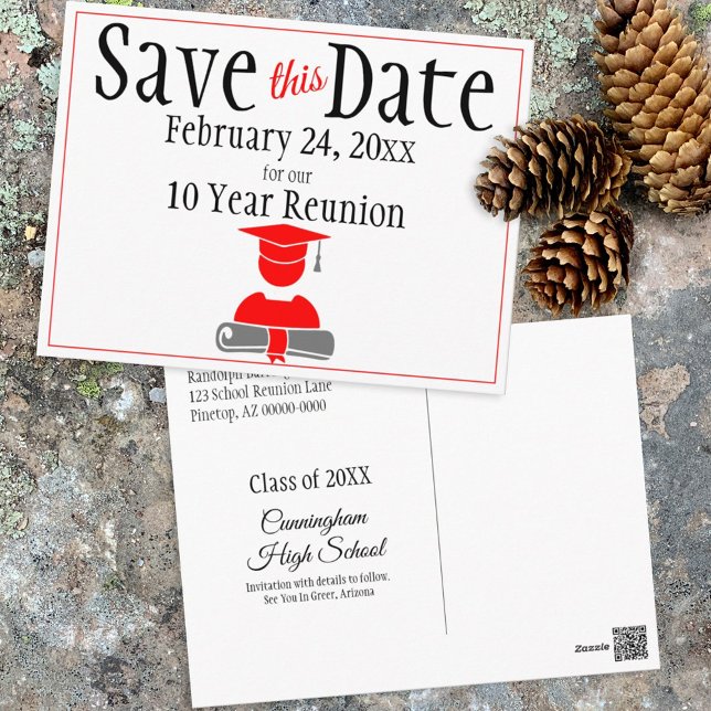 Reunion Class Save The Date Minimalist Red Grey Postcard (Creator Uploaded)