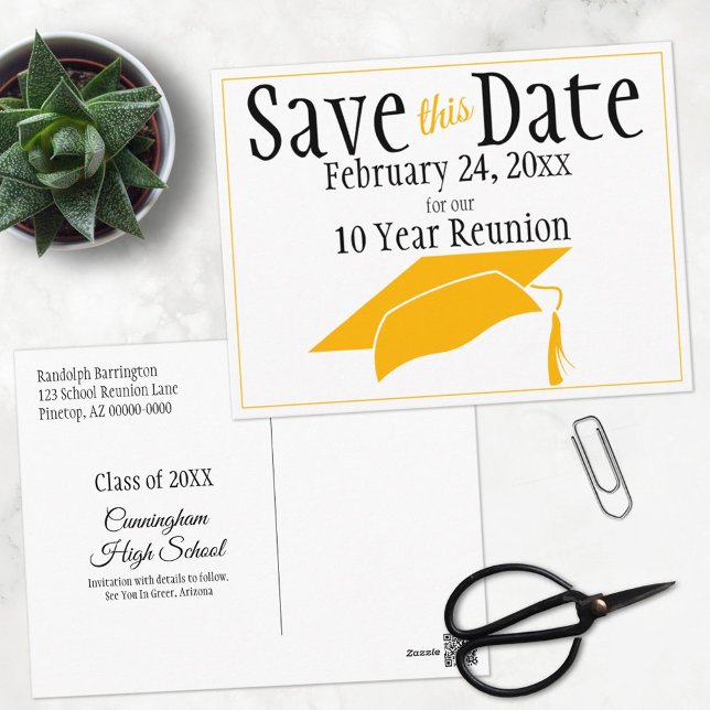 Reunion Class Save The Date  Orange Graduation Cap Postcard (Creator Uploaded)
