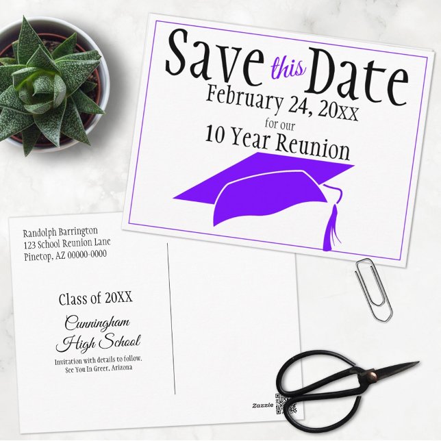 Reunion Class Save The Date  Purple Graduation Cap Postcard (Creator Uploaded)