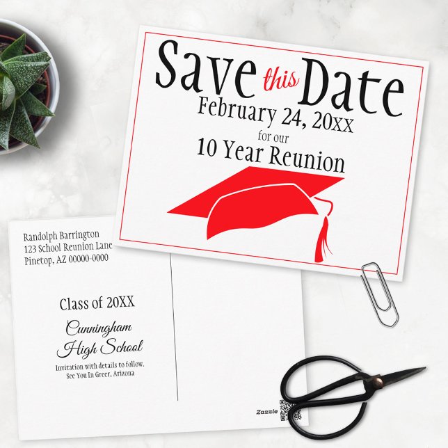 Reunion Class Save The Date Red Graduation Cap Postcard (Creator Uploaded)