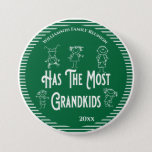 Reunion Grandparents Award Most Grand Kids 7.5 Cm Round Badge<br><div class="desc">Grandparents are special and are proud of their children and grandchildren. This special Family Reunion award goes to the Grandparents that have the most Grand Kids. Cute green and white design. Perfect award button for your Family Reunion awards ceremony.</div>