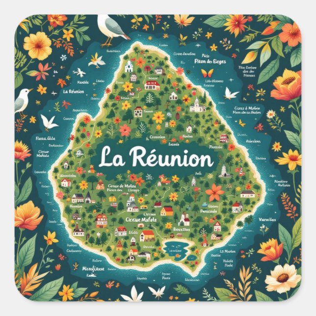 Reunion Island Square Sticker Flower Map (Front)