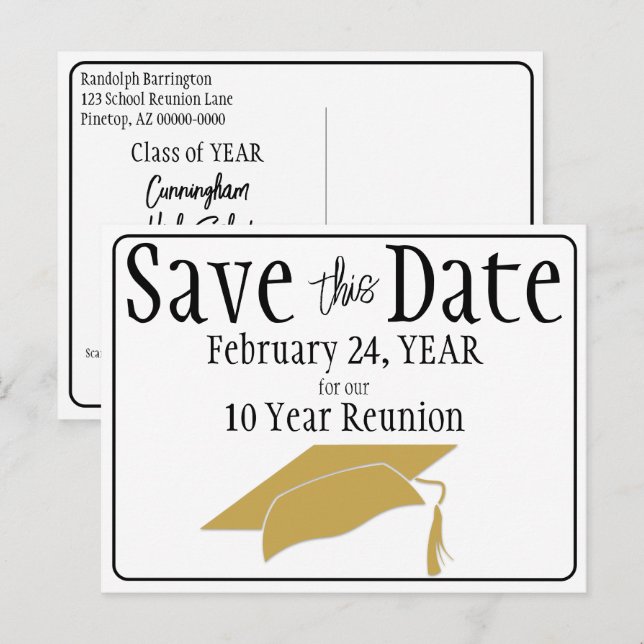 Reunion Save The Date Black White Gold QR Code Postcard (Front/Back)