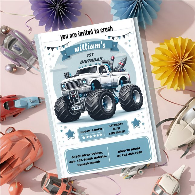 Rev kids boy cars cool monster truck 1st birthday invitation (Creator Uploaded)