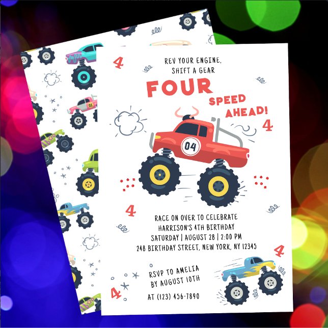 Rev Your Engine 4th Birthday Monster Car Trucks Invitation (Creator Uploaded)