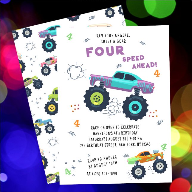 Rev Your Engine 4th Birthday Monster Car Trucks Invitation (Creator Uploaded)