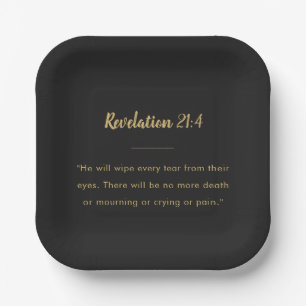 Revelation 21:4 Scripture Gold Script Black Paper  Plate