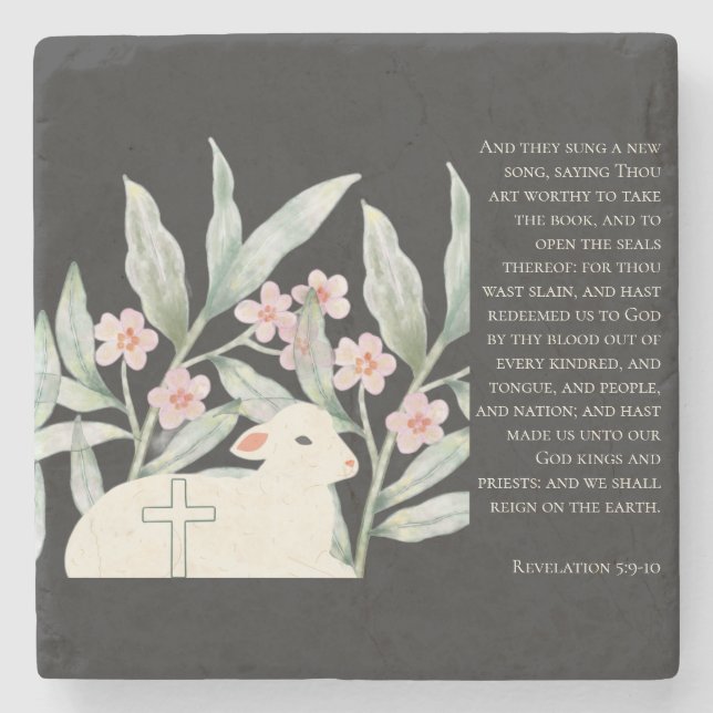 Revelation 5 Redeemed Black Square Stone Coaster (Front)