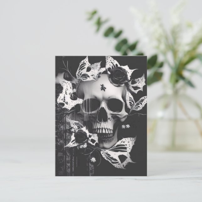 Revenant's Embrace: Black and White Graphic Skull  Postcard (Standing Front)