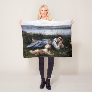 Reverie (Girl Lying on the Grass with her Dog) Fleece Blanket
