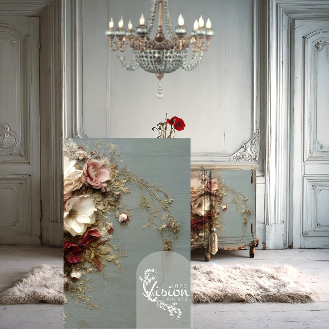 REVERIE IN BLOOM III Lace & Botanical Tissue Paper (Light grey blue Heritage room, chandelier and close up of a botanical mock up poster )