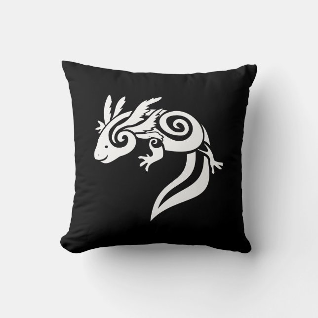 Reversable Black Tribal Axolotl Mexican Salamander Cushion (Front)