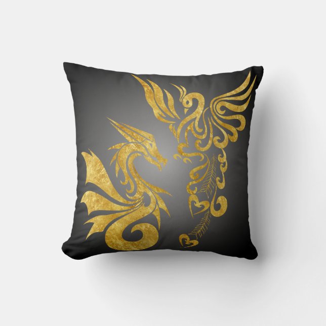 Reversable Feng Shui Phoenix & Dragon Pillow-black Cushion (Front)