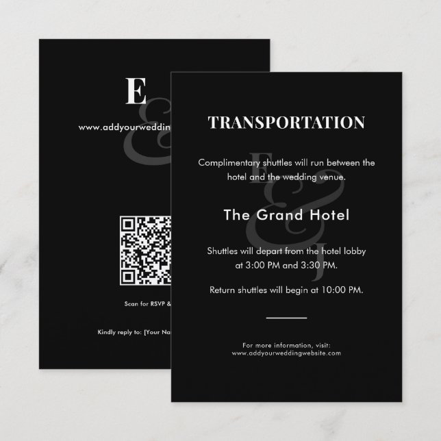 REVERSE Black Wedding Transportation Detail | QR Enclosure Card (Front/Back)