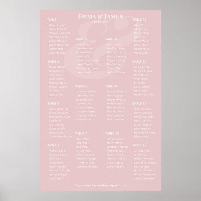 REVERSE Blush Ampersand Wedding | 14 Seat Chart (Front)