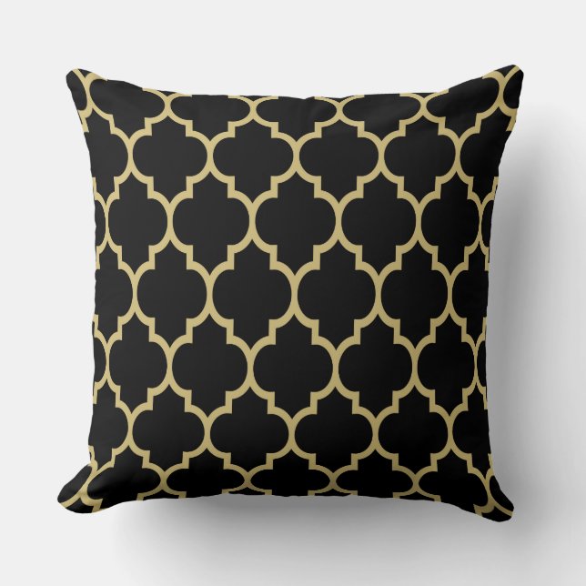 Reversible Black And Gold Tan Quatrefoil Pattern Cushion (Front)