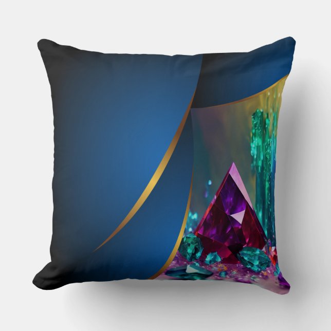 Reversible Blue Gold Trim Amethyst Crystals Cushion (Front)