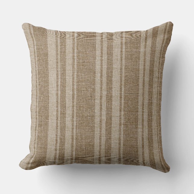 Reversible Brown And Beige Stripes Linen Texture Cushion (Front)