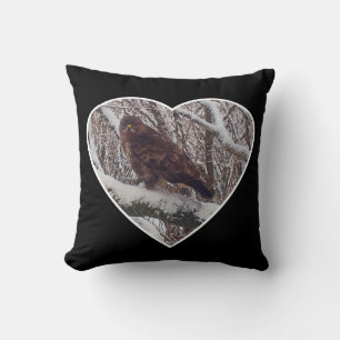 Reversible Buzzard on Snowy Branch in Heart Cushion